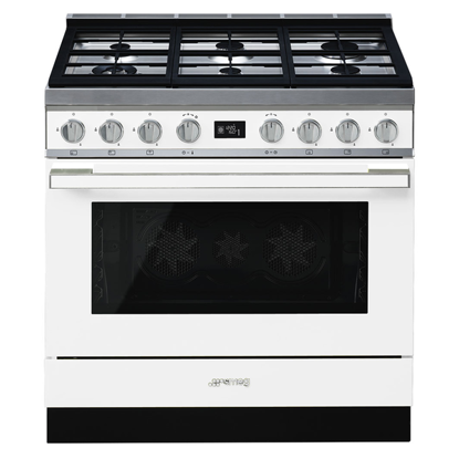 Picture of Smeg Portofino CPF9GPWHA 90cm 6 Burner Pyrolytic Dual Fuel Freestanding Oven